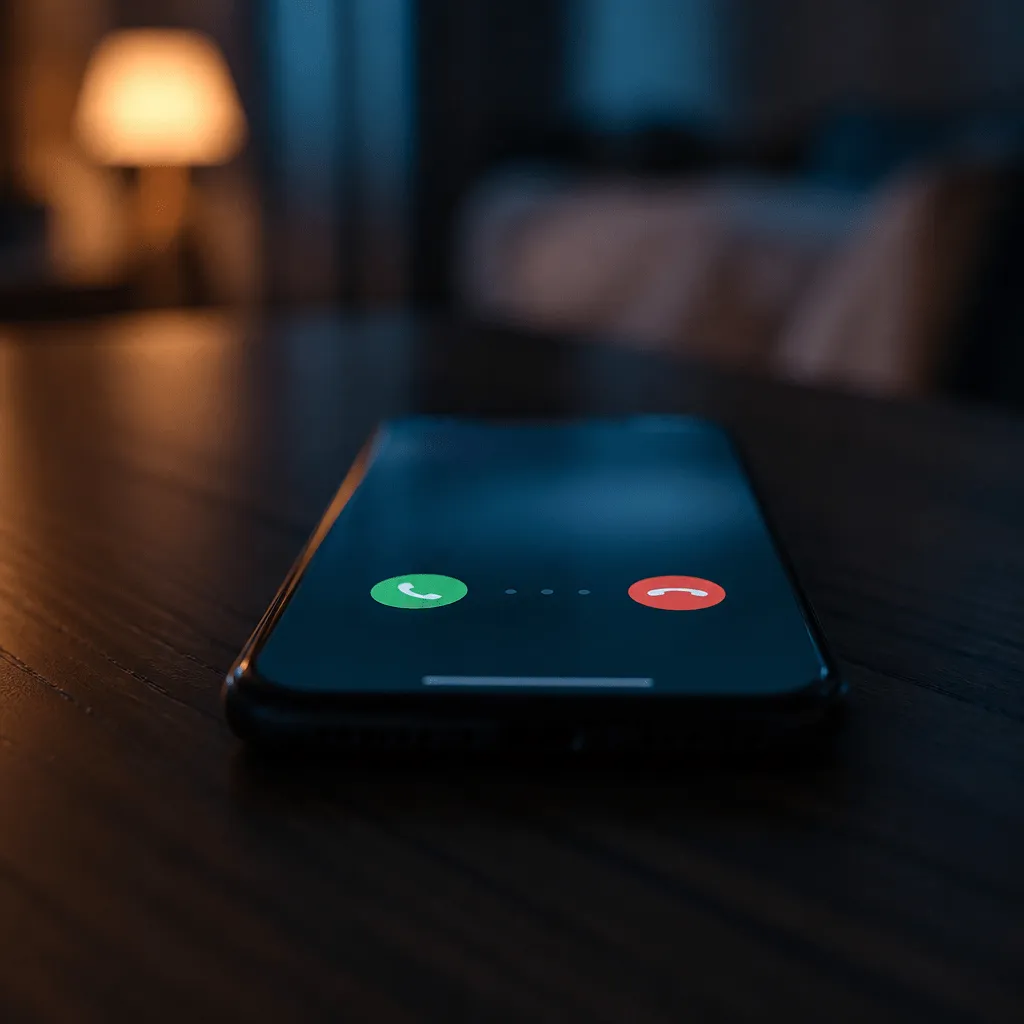 Symbolbild: Smartphone zeigt eingehenden Anruf mit 0208 Vorwahl in dämmriger Umgebung