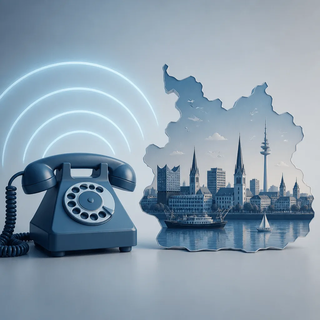Symbolbild zur Vorwahl 040 Deutschland mit Telefon-Silhouette und Hamburger Stadtsilhouette