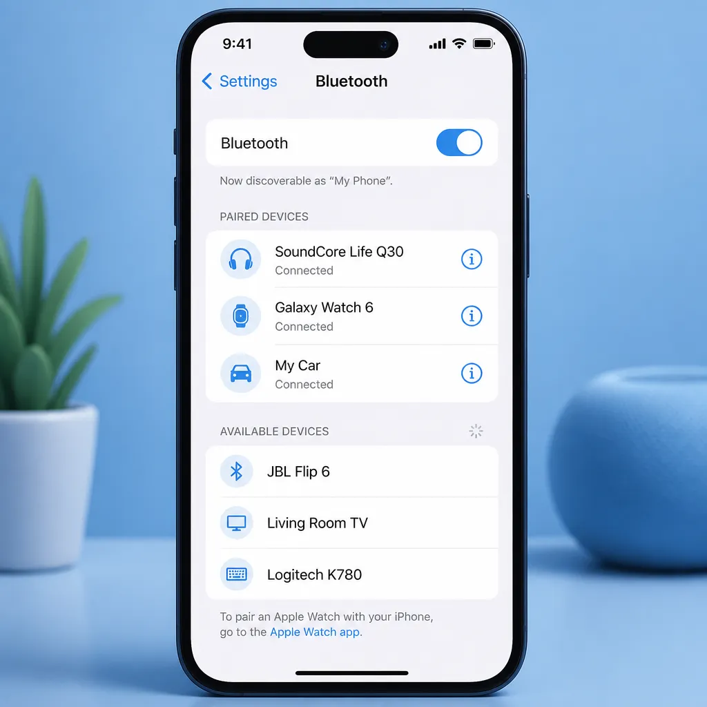 iPhone zeigt Bluetooth-Einstellungen mit Liste verbundener Geräte zum Umbenennen