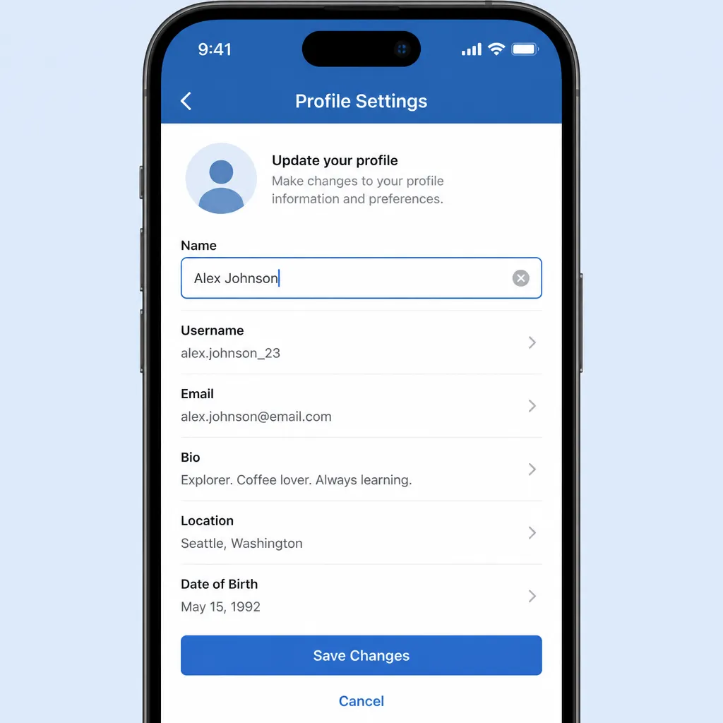 Smartphone zeigt Profileinstellungen mit Namensfeld zum Bearbeiten in einer Social-Media-App