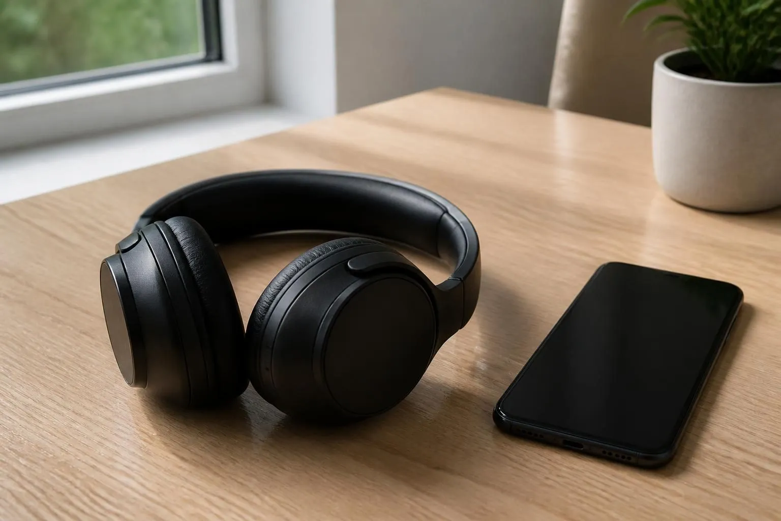 Schwarze Over-Ear-Kopfhörer auf einem hellen Holztisch neben einem Smartphone mit dunklem Display, Tageslicht vom Fenster