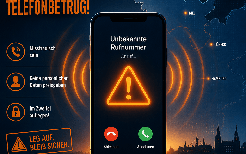 Symbolbild zur 0431 Vorwahl: Smartphone mit Warnsignal für Betrugsanrufe aus der Region Kiel