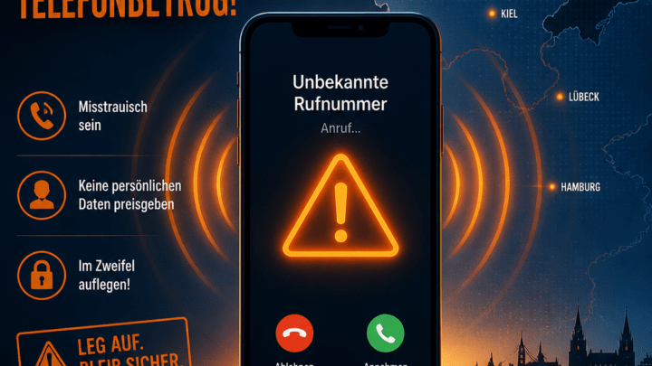 Symbolbild zur 0431 Vorwahl: Smartphone mit Warnsignal für Betrugsanrufe aus der Region Kiel