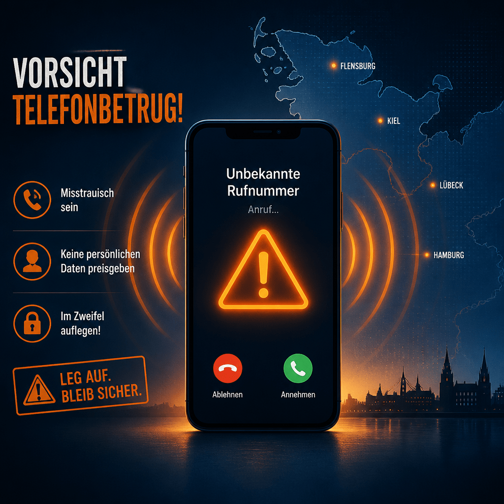 Symbolbild zur 0431 Vorwahl: Smartphone mit Warnsignal für Betrugsanrufe aus der Region Kiel