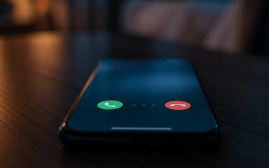 Symbolbild: Smartphone zeigt eingehenden Anruf mit 0208 Vorwahl in dämmriger Umgebung