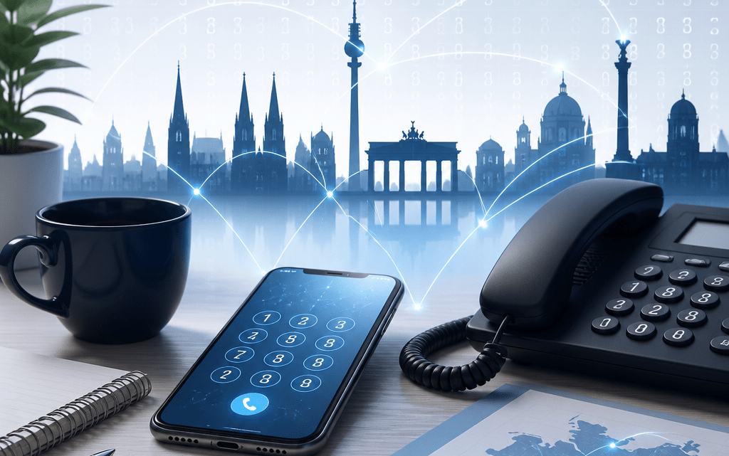 Symbolbild zur Vorwahl Düsseldorf: Stadtsilhouette mit digitalen Telefonverbindungen