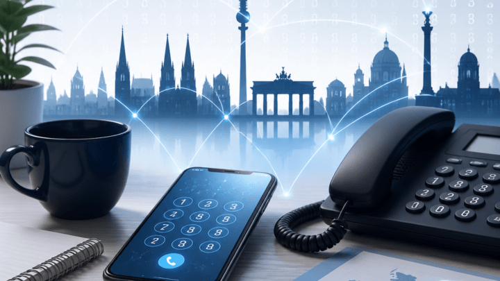 Symbolbild zur Vorwahl Düsseldorf: Stadtsilhouette mit digitalen Telefonverbindungen