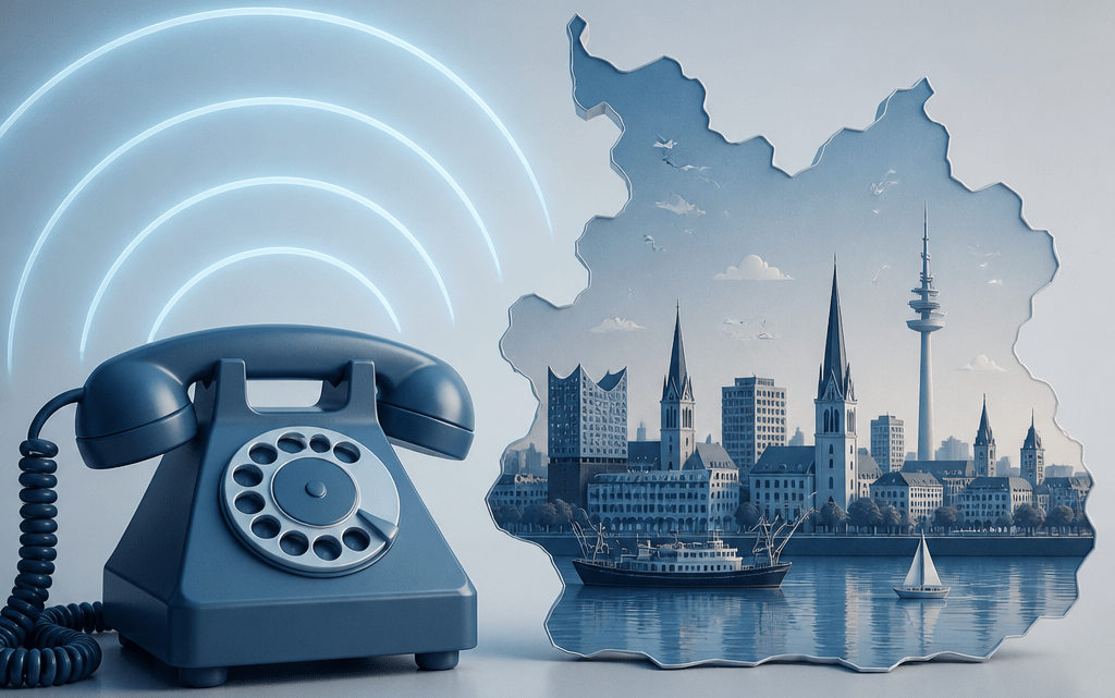 Symbolbild zur Vorwahl 040 Deutschland mit Telefon-Silhouette und Hamburger Stadtsilhouette