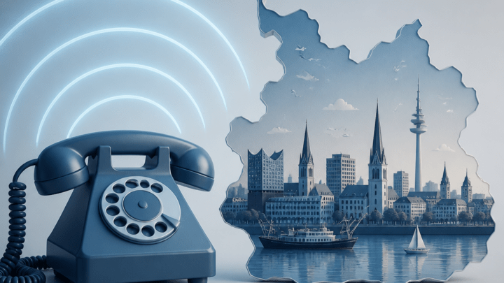 Symbolbild zur Vorwahl 040 Deutschland mit Telefon-Silhouette und Hamburger Stadtsilhouette