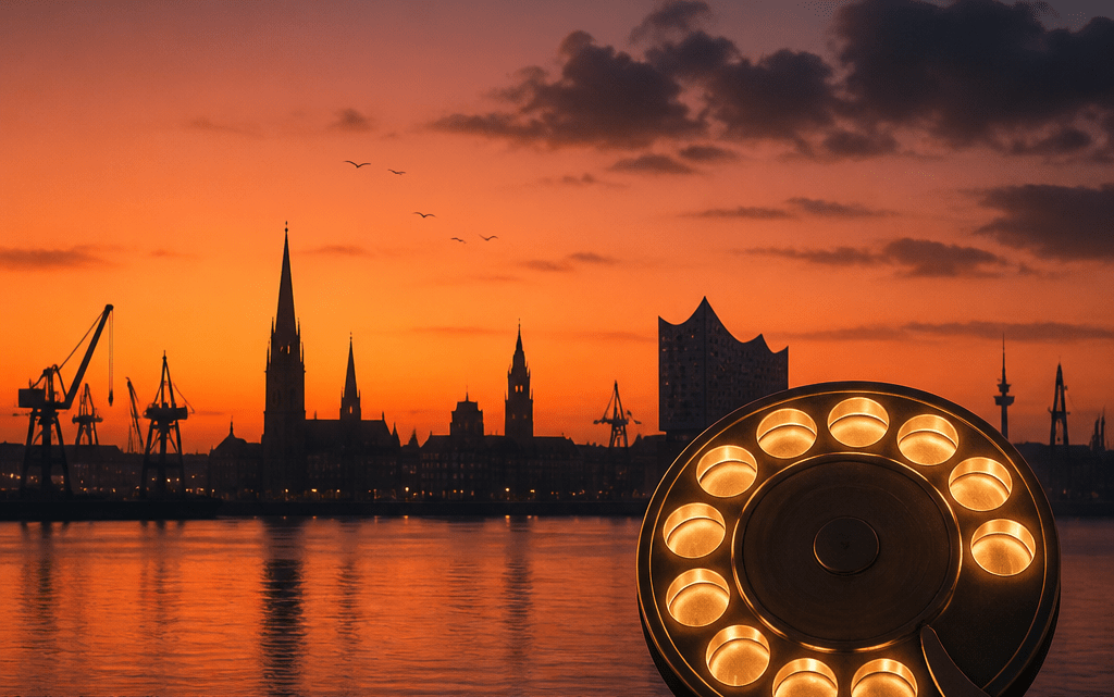 Symbolbild: Telefonwahlscheibe vor Silhouette einer norddeutschen Hafenstadt zur Vorwahl Lübeck