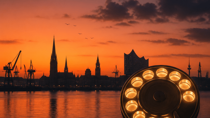 Symbolbild: Telefonwahlscheibe vor Silhouette einer norddeutschen Hafenstadt zur Vorwahl Lübeck
