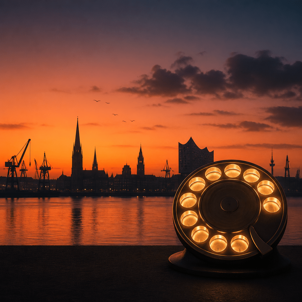 Symbolbild: Telefonwahlscheibe vor Silhouette einer norddeutschen Hafenstadt zur Vorwahl Lübeck