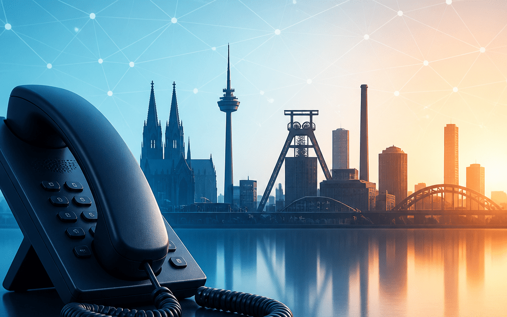 Symbolbild zu 0231 Vorwahl welcher Ort: Telefon vor Stadtsilhouette von Dortmund