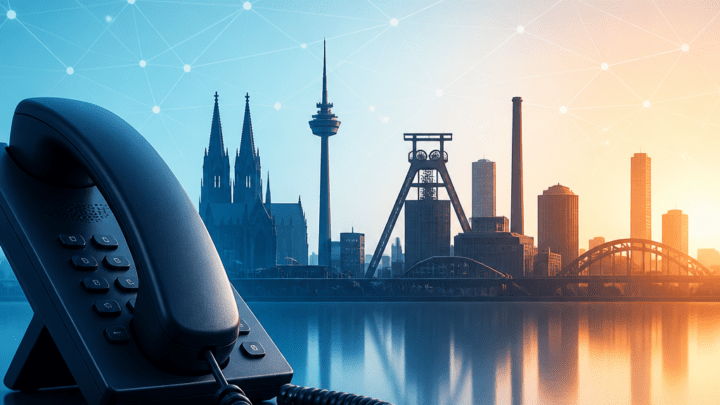 Symbolbild zu 0231 Vorwahl welcher Ort: Telefon vor Stadtsilhouette von Dortmund