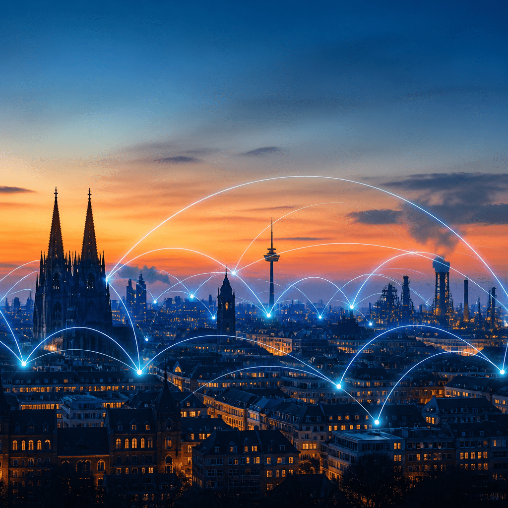 Symbolbild: Stadtsilhouette mit Netzwerklinien zur Vorwahl 0203 von Duisburg