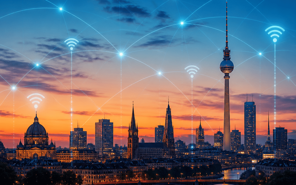 Symbolbild zur Frage 0221 Vorwahl welche Stadt: Skyline mit Telekommunikationssymbolen