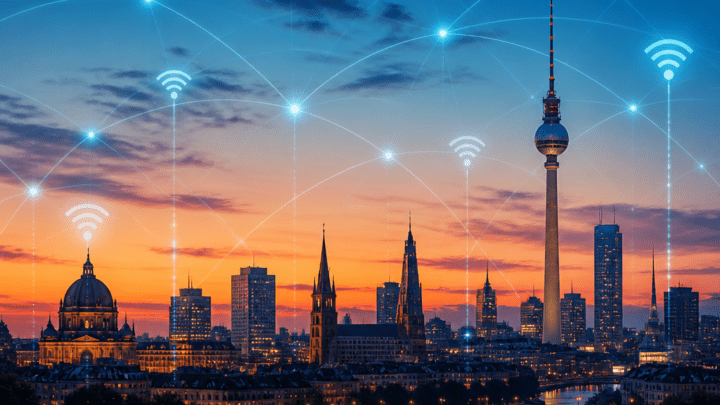 Symbolbild zur Frage 0221 Vorwahl welche Stadt: Skyline mit Telekommunikationssymbolen
