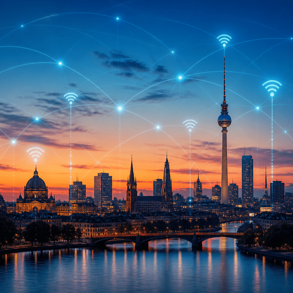 Symbolbild zur Frage 0221 Vorwahl welche Stadt: Skyline mit Telekommunikationssymbolen