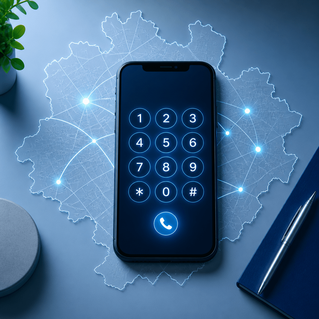 Symbolbild zur Vorwahl 0221 Deutschland mit Smartphone und digitalem Wählfeld