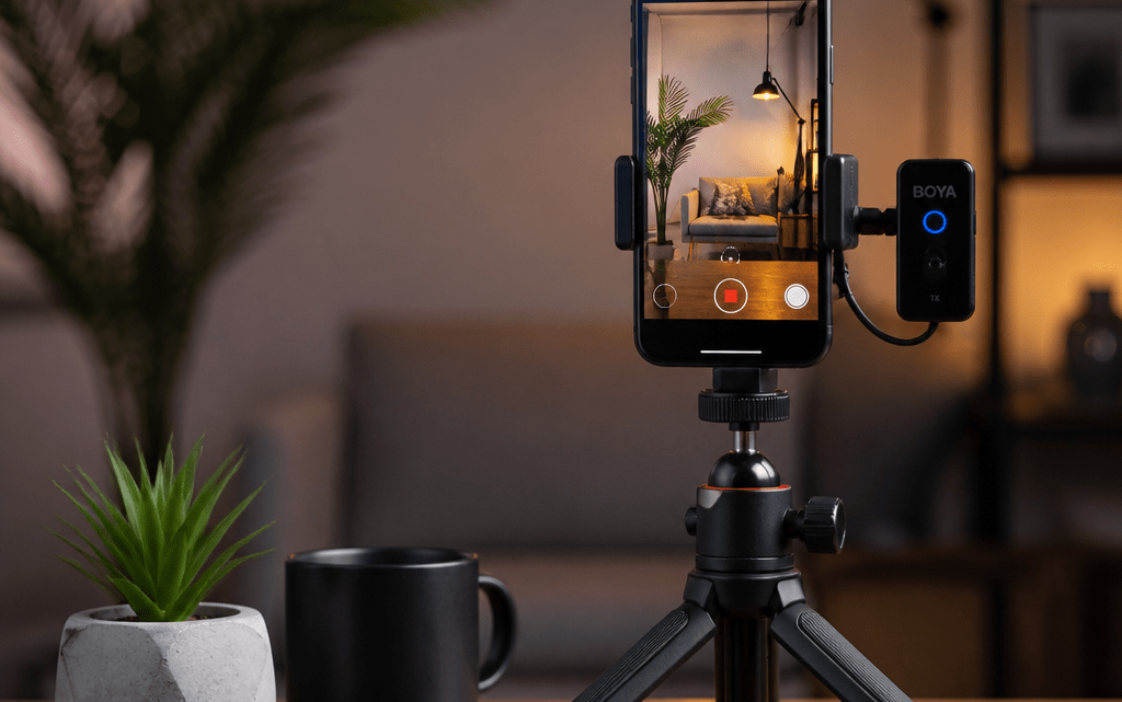 Smartphone-Setup mit Bluetooth-Mikrofon zum Instagram Reels erstellen mit gutem Ton