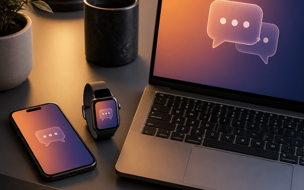 Smartphone, Smartwatch und Laptop symbolisieren das Einrichten von WhatsApp auf verschiedenen Geräten