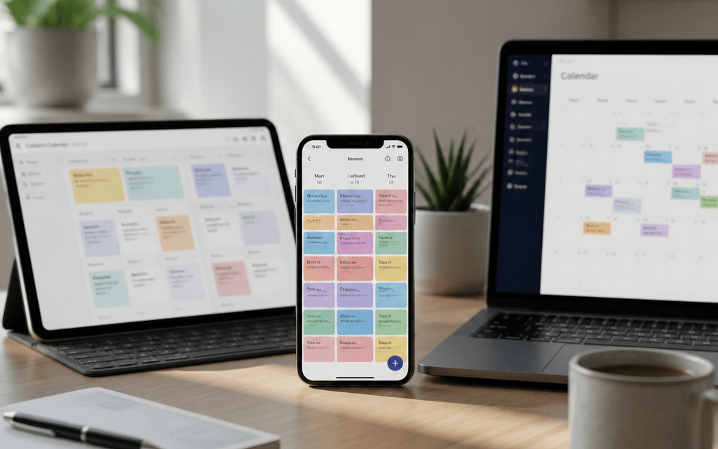 Symbolbild: Instagram Beiträge planen mit Content-Kalender auf Smartphone und Laptop
