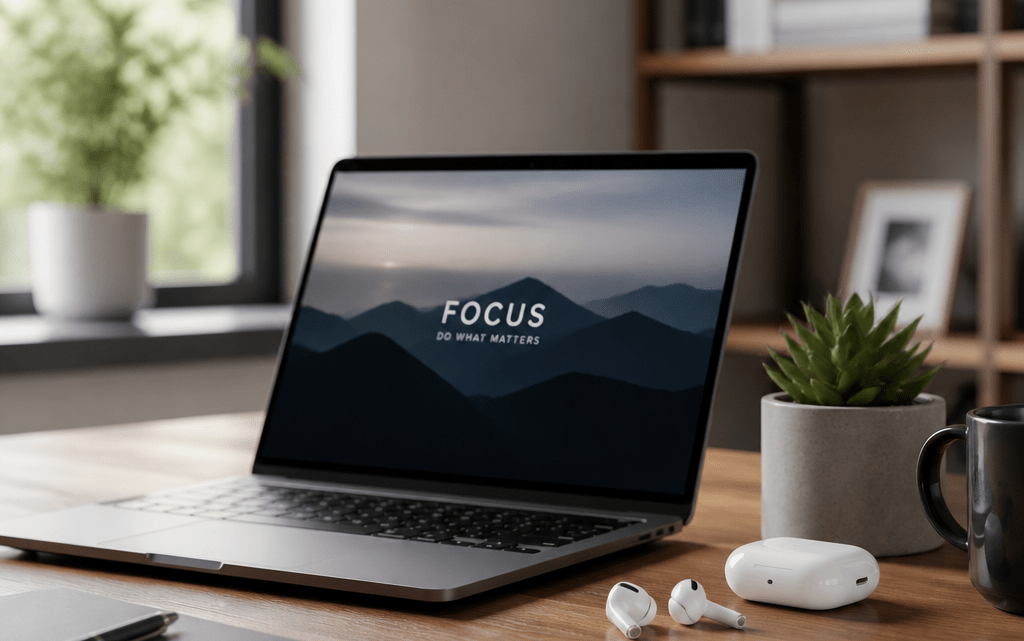 AirPods mit Laptop verbinden: kabellose Ohrhörer und Ladecase neben einem modernen Notebook