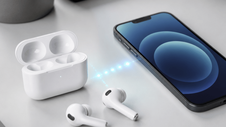 Kabellose Ohrhörer und Smartphone symbolisieren das Verbinden von AirPods mit Samsung per Bluetooth